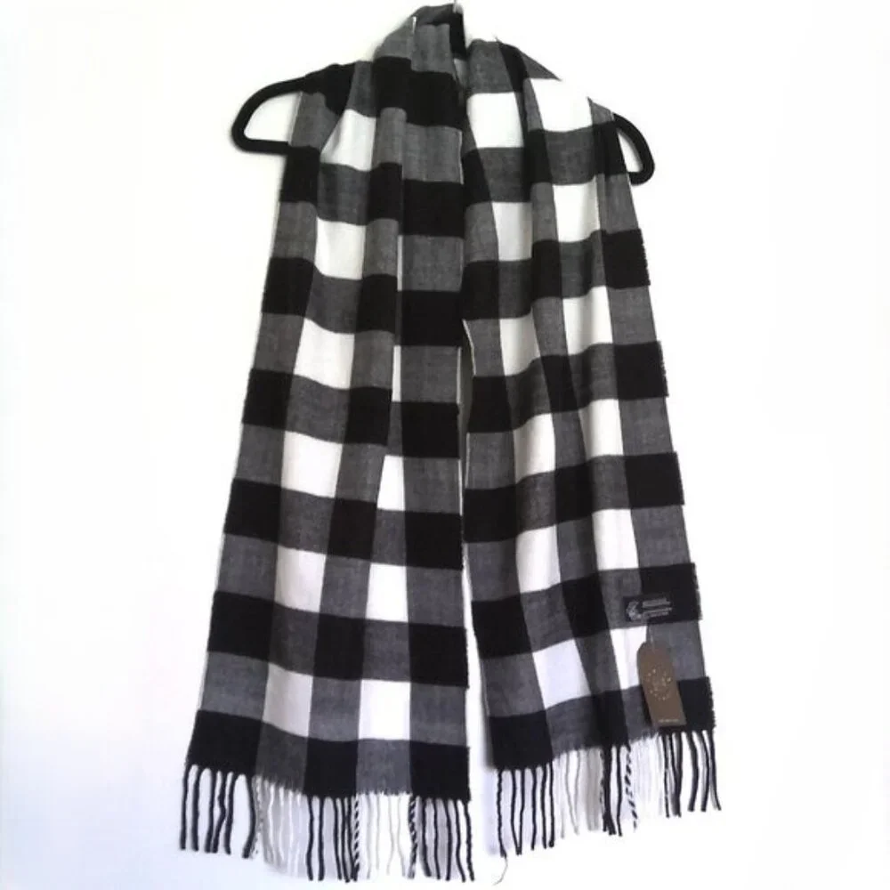 New Janice Apparel Plaid Scarf Black & White Fringe Italy Design Viscose NWT